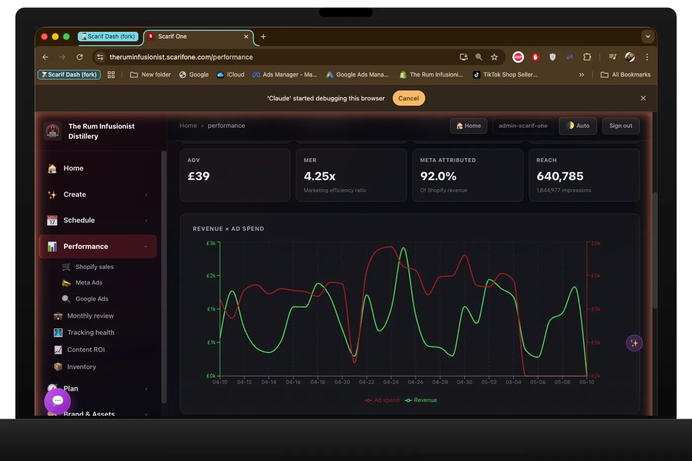 Dual-axis revenue and ad spend chart over 30 days