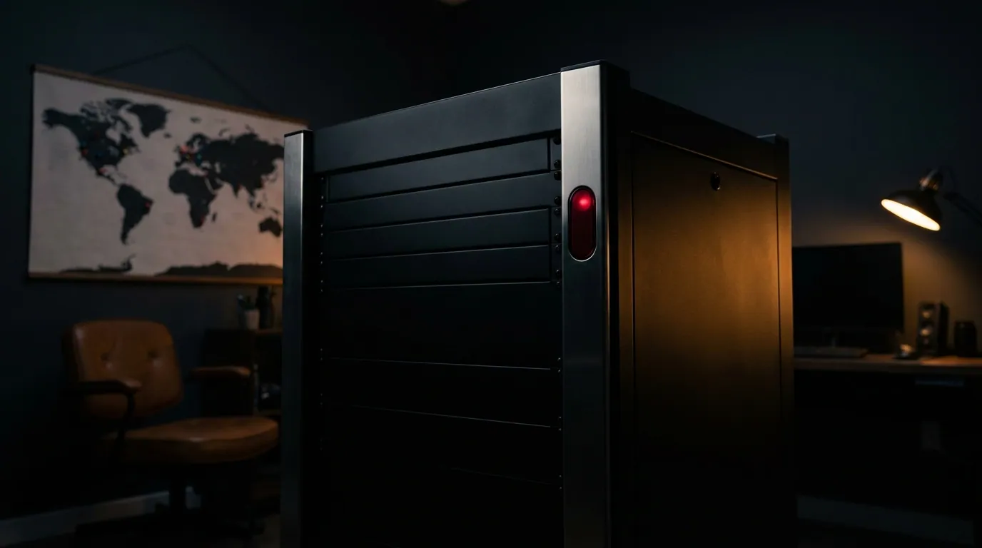 A black server rack in a darkened office, single deep-crimson status LED glowing, world map and leather chair in the background