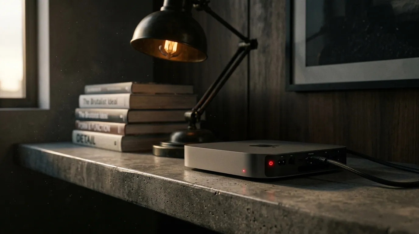 A Mac mini self-hosting Scarif One on a concrete shelf, single deep-crimson power LED lit